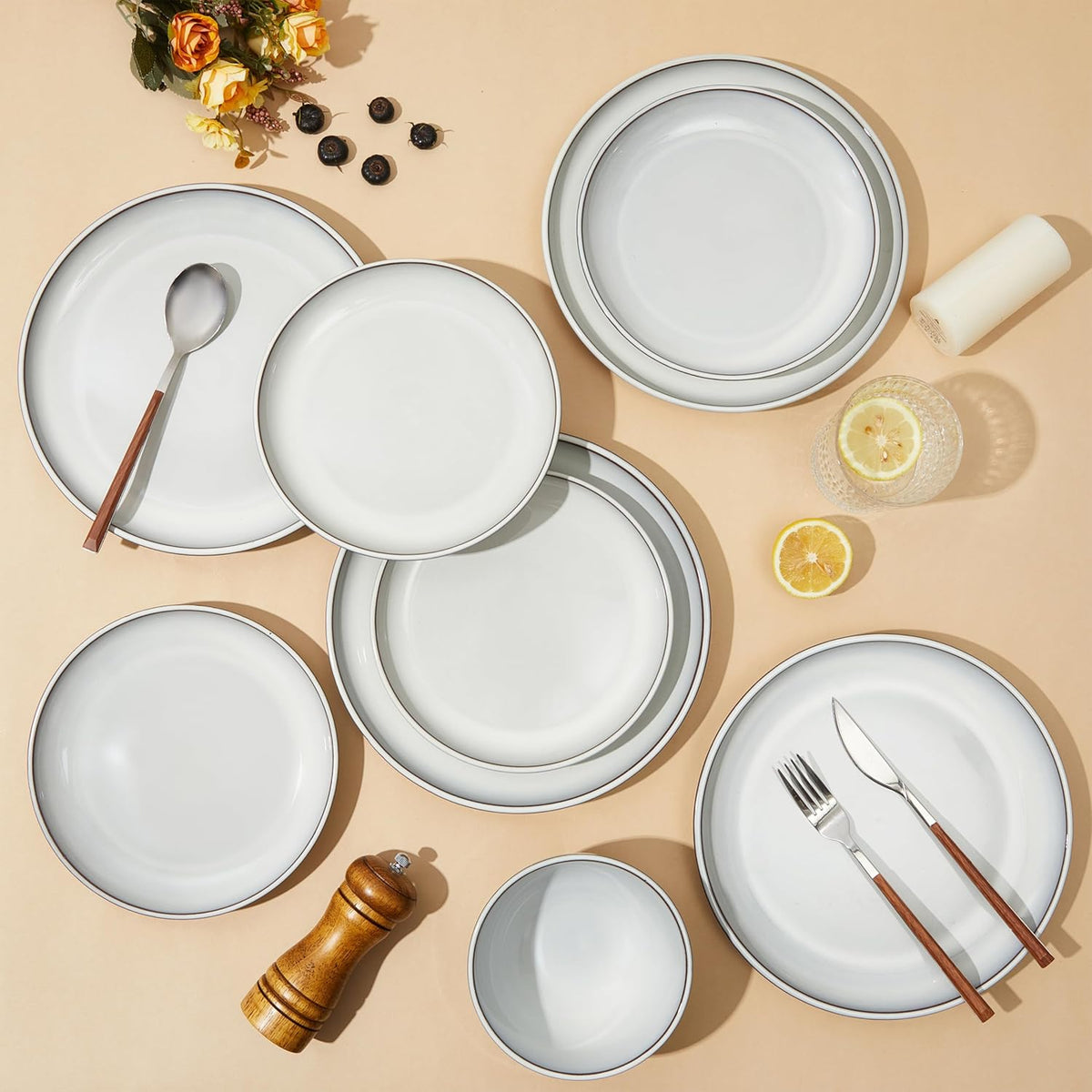 Santorini Mist Terracotta Reactive Glaze Plates and Bowls Sets, Stoneware Dinnerware Sets