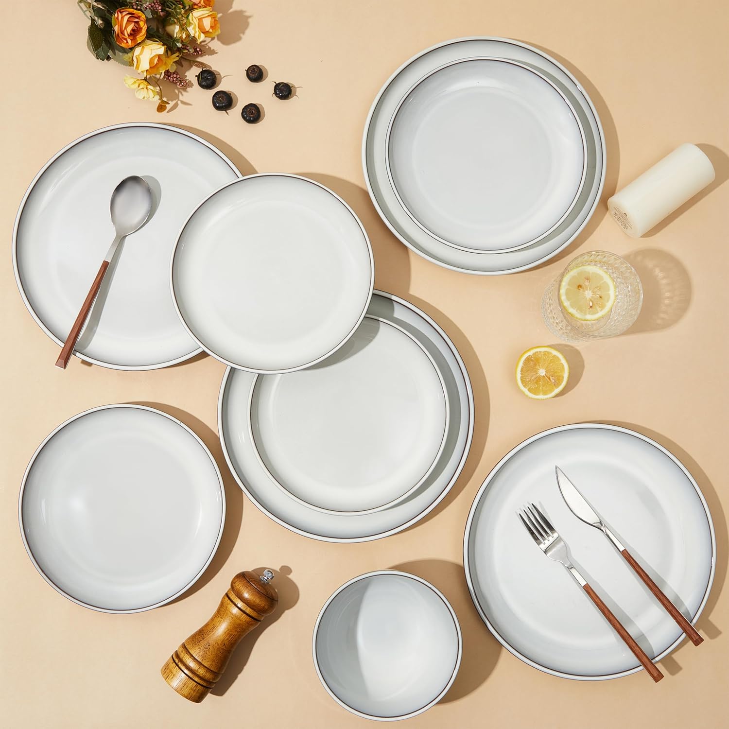 16 Piece Double Bowl Dinnerware Sets with Pasta Bowls, Highly Chip and Crack Resistant Plates and