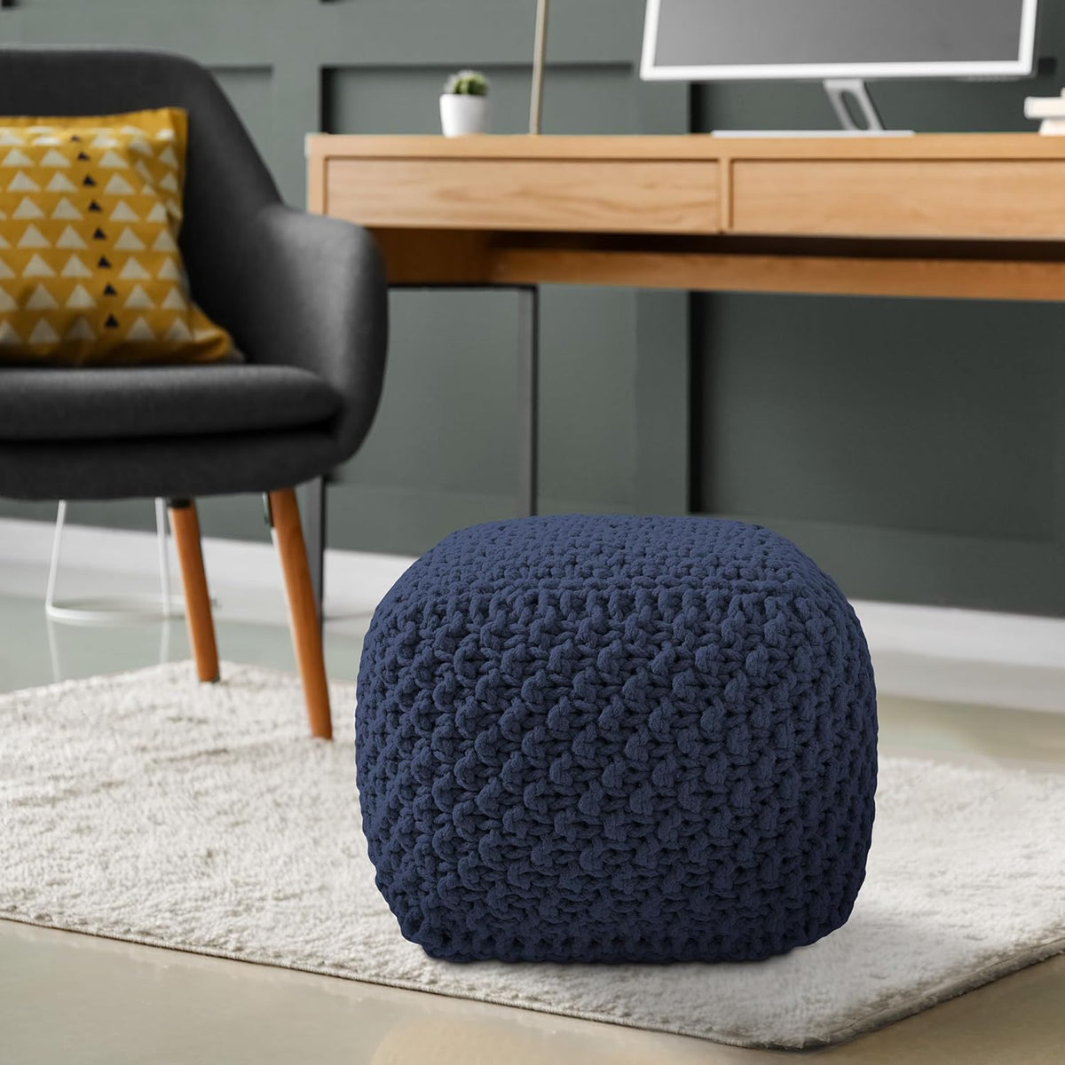 Casafield Square Pouf Ottoman, Navy Blue 18.5" W x 18.5" D x 14.5" H Cotton Knit Foot Stool - Boho