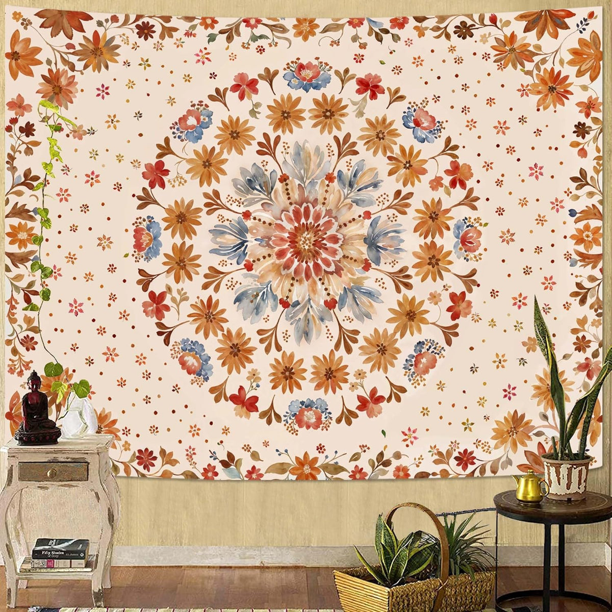 Fowocu Boho Floral Mandala Tapestry Wall Hanging Watercolor Bohemian Flower Medallion Tapestry