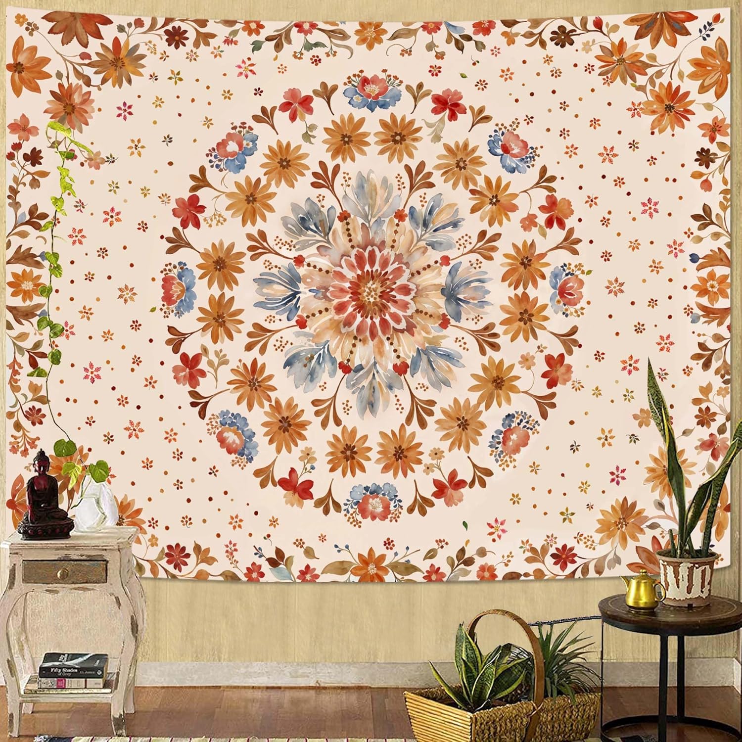 Fowocu Boho Floral Mandala Tapestry Wall Hanging Watercolor Bohemian Flower Medallion Tapestry