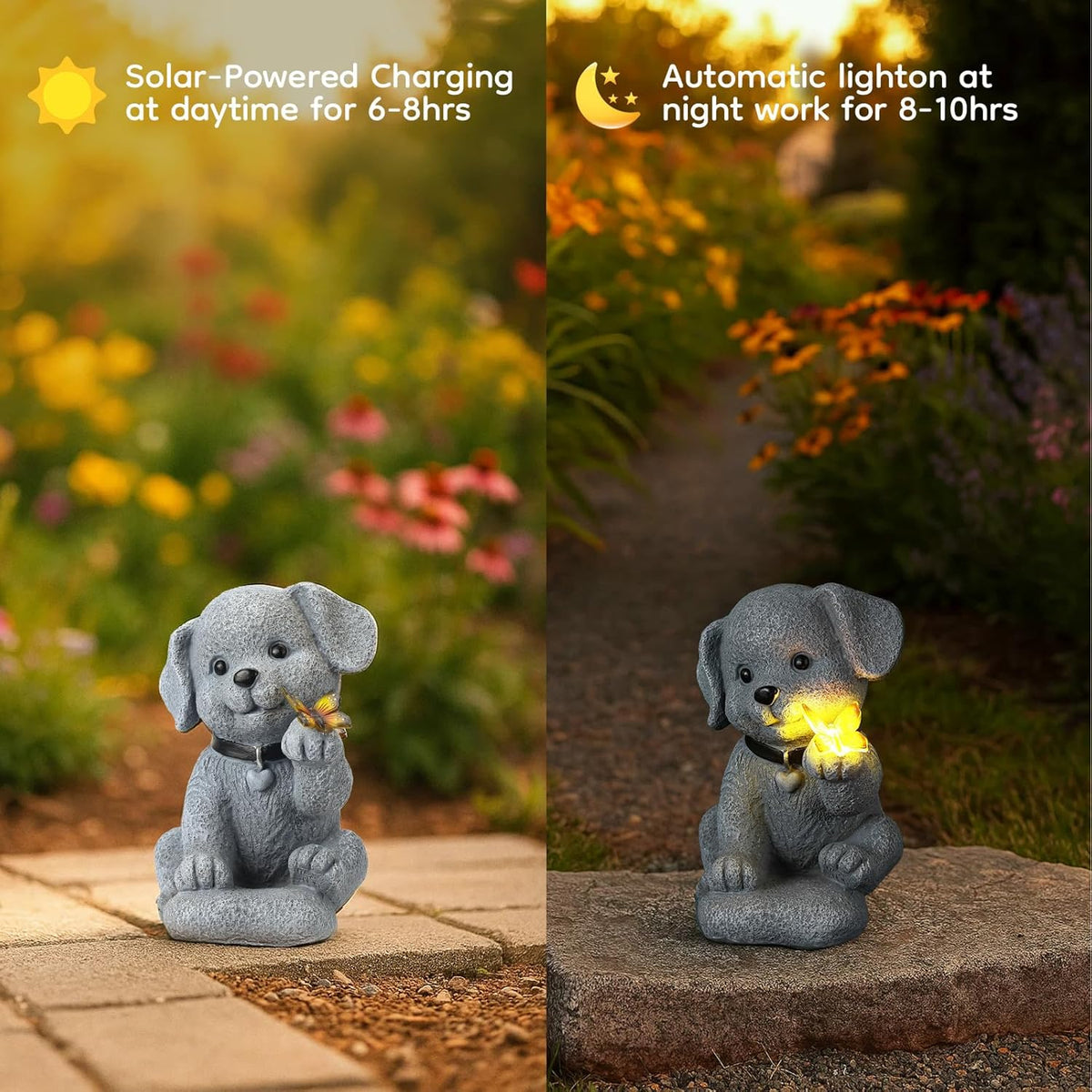 Solar Puppy Dog Garden Decor - Cute Pet Memorial Statue, Auto On/Off LED Light, Weatherproof Resin