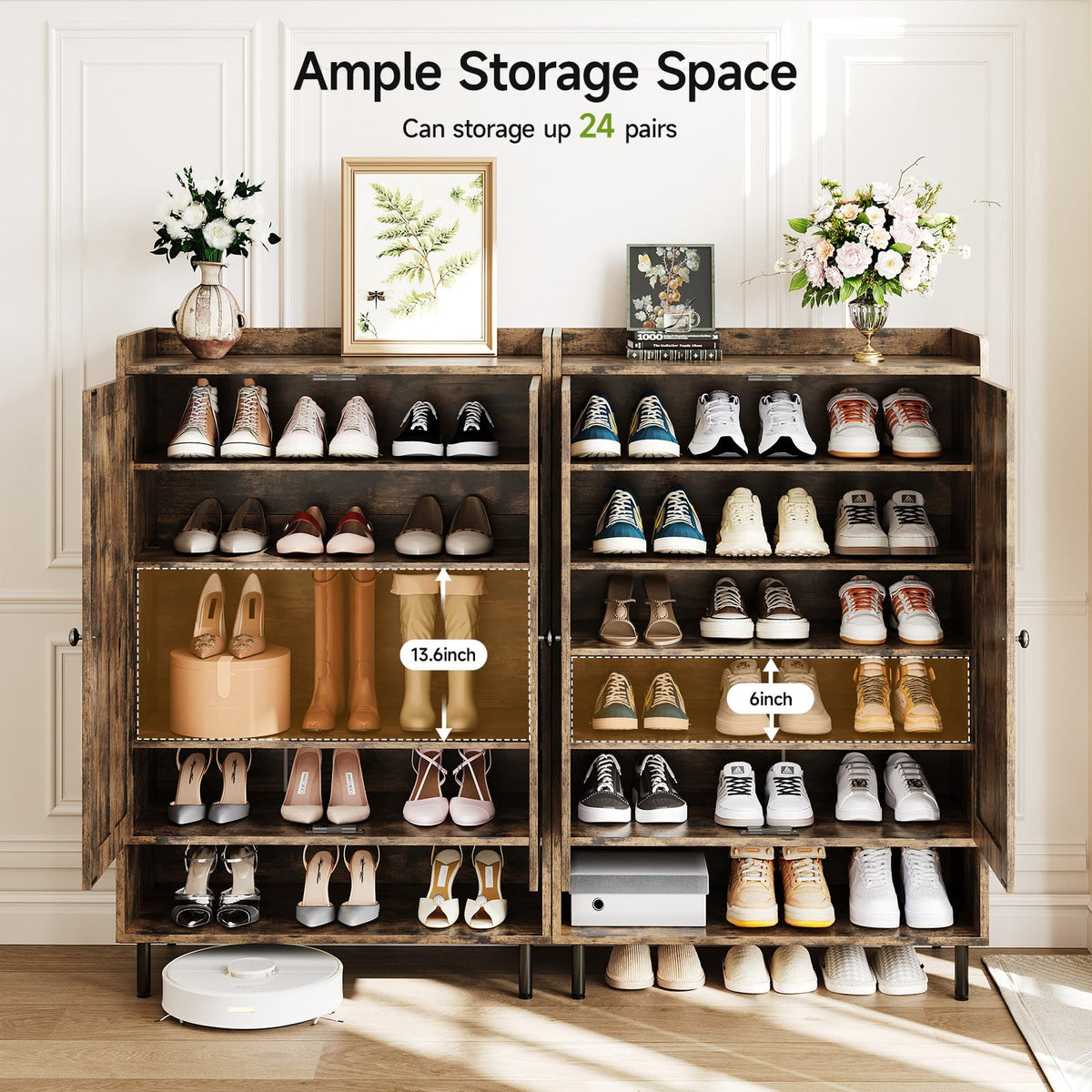 ComfyCorner Shoe Cabinet with Cross Molding Doors, 6-Tier Storage, Brown