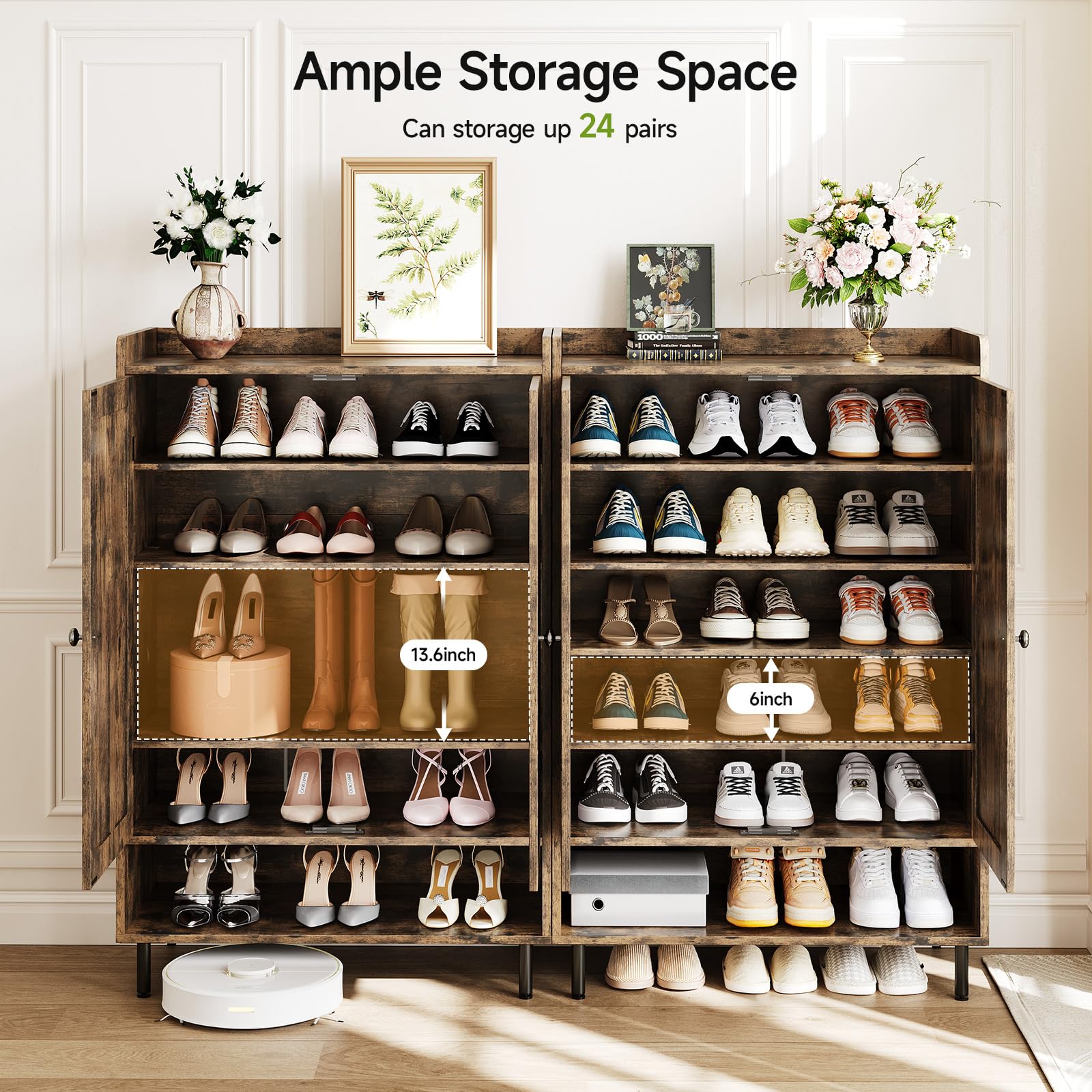 ComfyCorner Shoe Cabinet with Cross Molding Doors, 6-Tier Storage, Brown