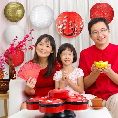 14Pcs Chinese Japanese Paper Lantern Assorted Sizes (8" 10" 12") Hanging Plum Blossom Red White
