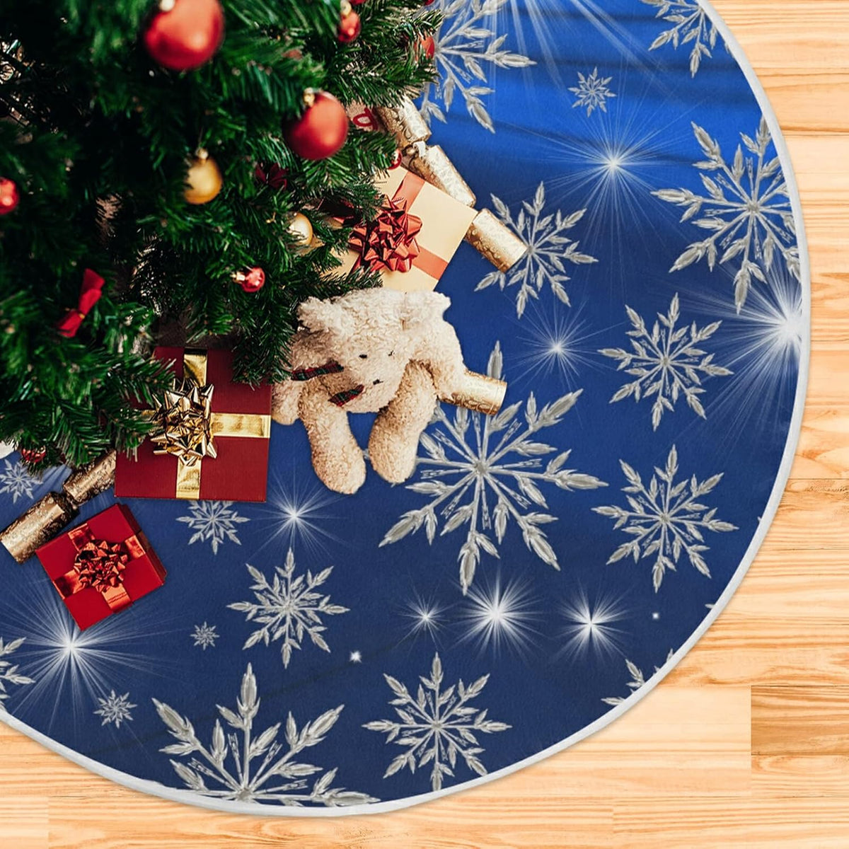 Christmas Blue Snowflakes Background Tree Skirt, Seasonal Tree Mat Holiday Party Supplies Ornaments