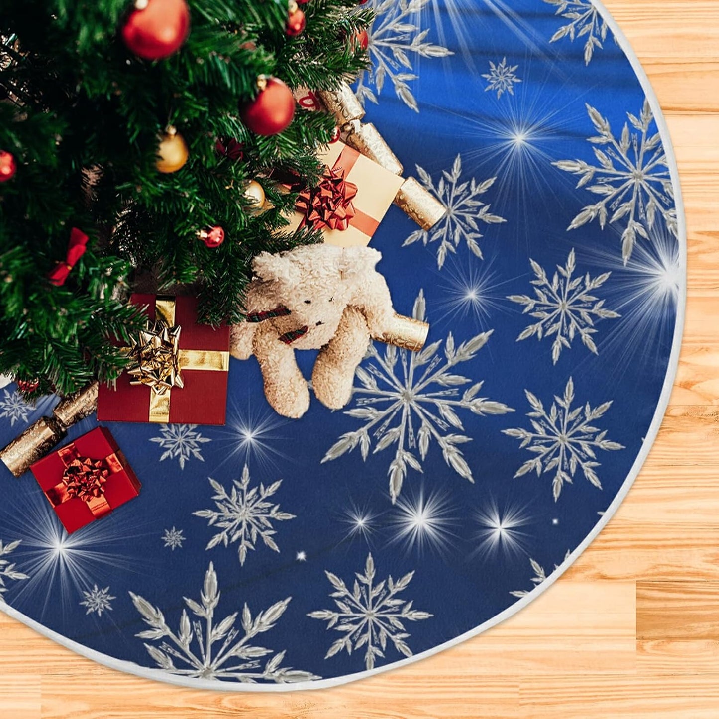 Christmas Blue Snowflakes Background Tree Skirt, Seasonal Tree Mat Holiday Party Supplies Ornaments