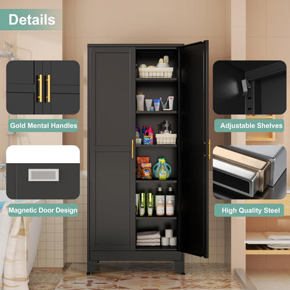 Metal Pantry Cabinet with 2 Doors and 5 Adjustable Shelves, 75" Kitchen Storage cabinets with Gold
