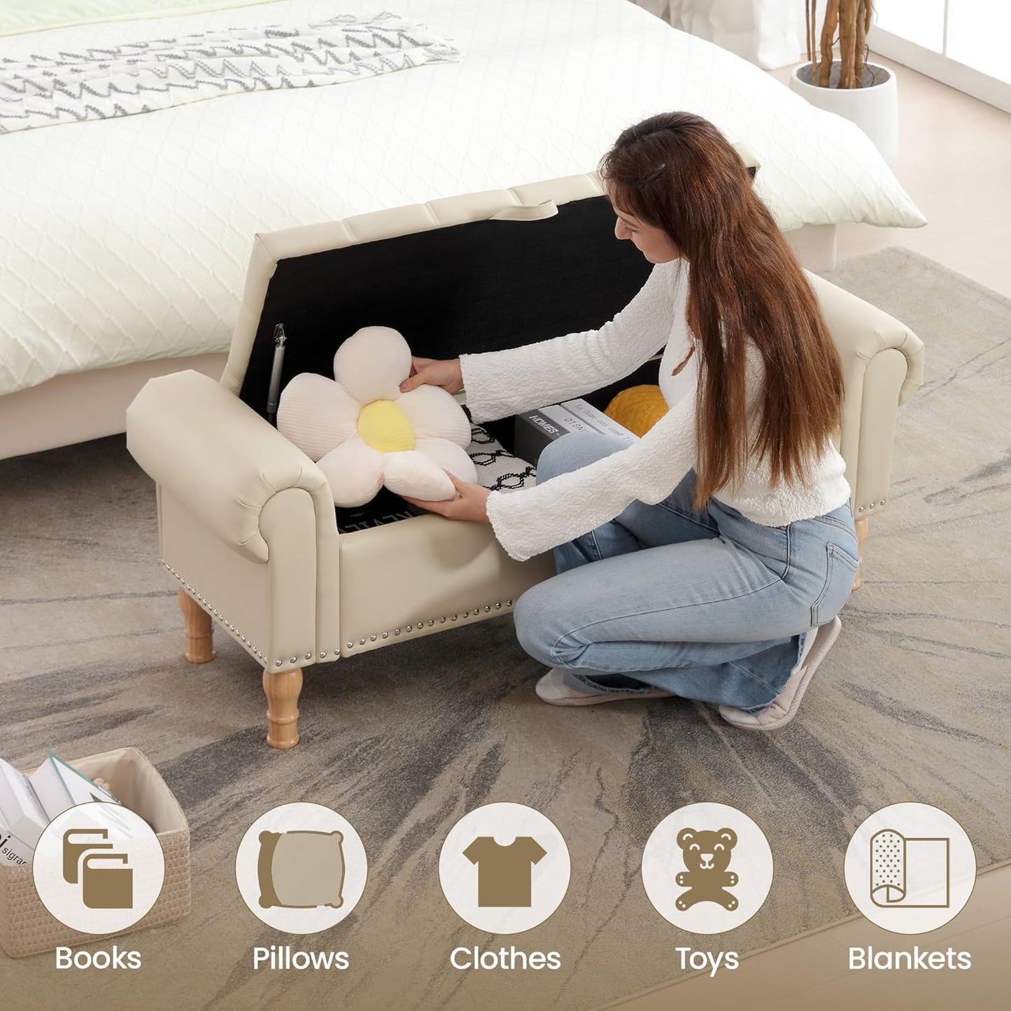 Storage Ottoman Bench for Bedroom, 51" Upholstered Bench with Rolled Arms and Vintage Rivets for