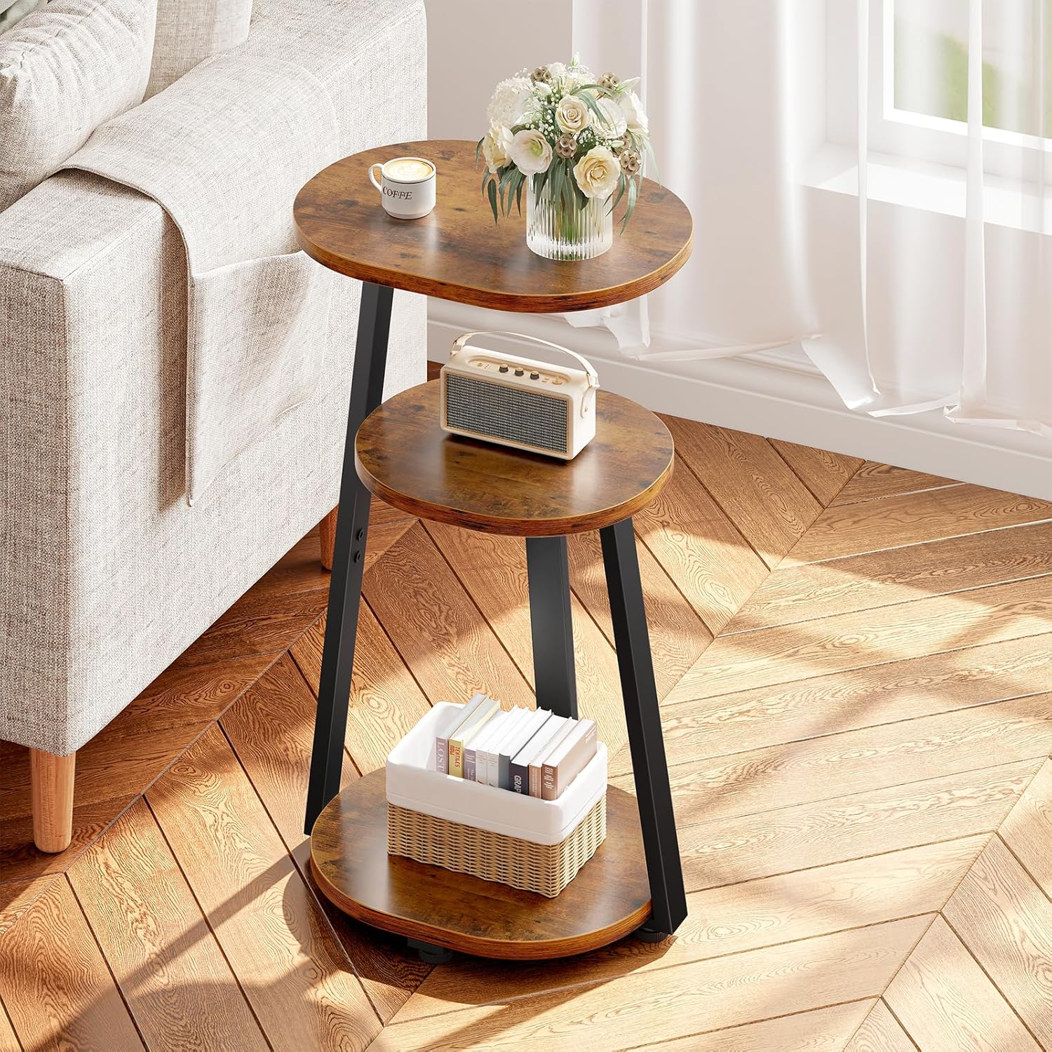 Side Table, Small End Table with Metal Frame, 3-Tier Bedside Tables, Round Side Tables for Living