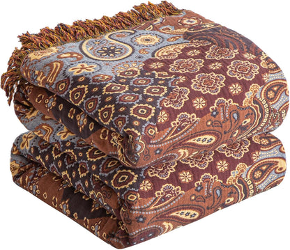 Boho Throw Blanket for Bed 60”x80”, 100% Cotton Woven Blanket for Couch Sofa, Ultra Soft 4-Layer