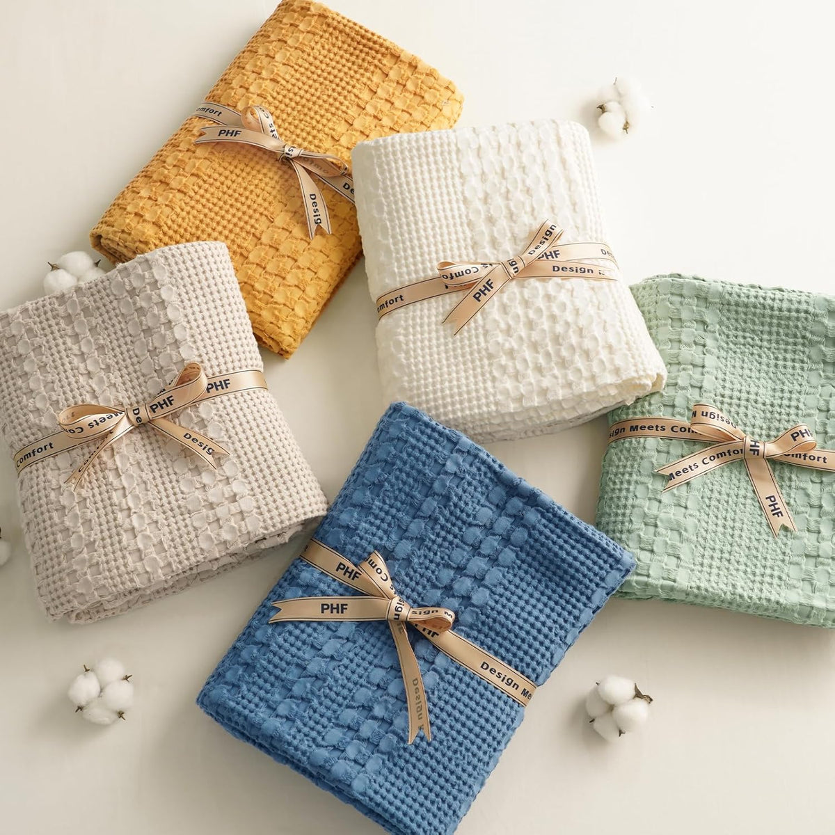 PHF 100% Cotton Waffle Weave Blanket Queen Size for Bed, Lightweight Washed Cotton Blanket