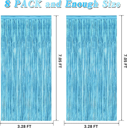 8 Pack Party Decorations, 3.28 FT x 7.05 FT Party Streamer, Metallic Sky Blue Tinsel Backdrop