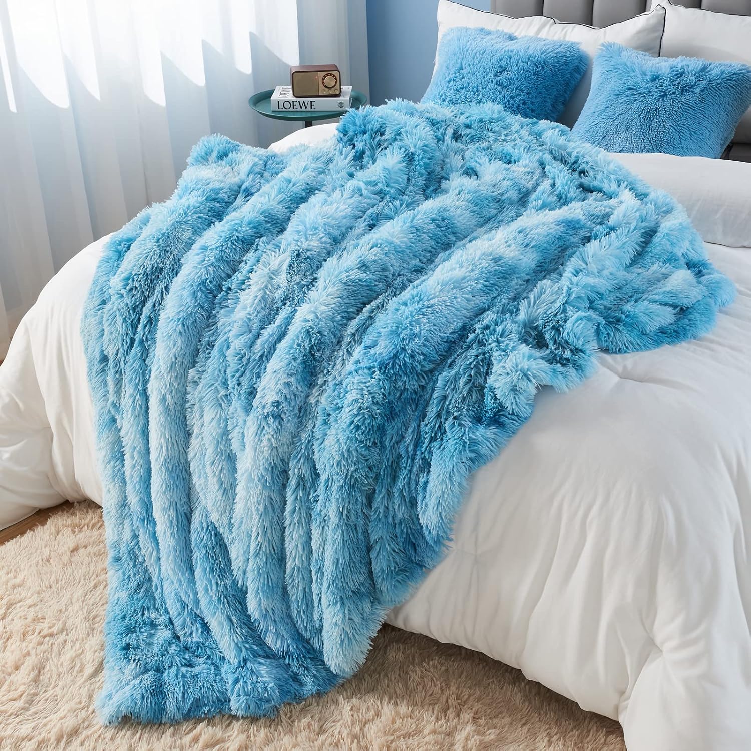 GONAAP Fuzzy Faux Fur Throw Blanket Tie-dye Ocean Blue Super Soft Cozy Plush Fuzzy Shaggy Blanket