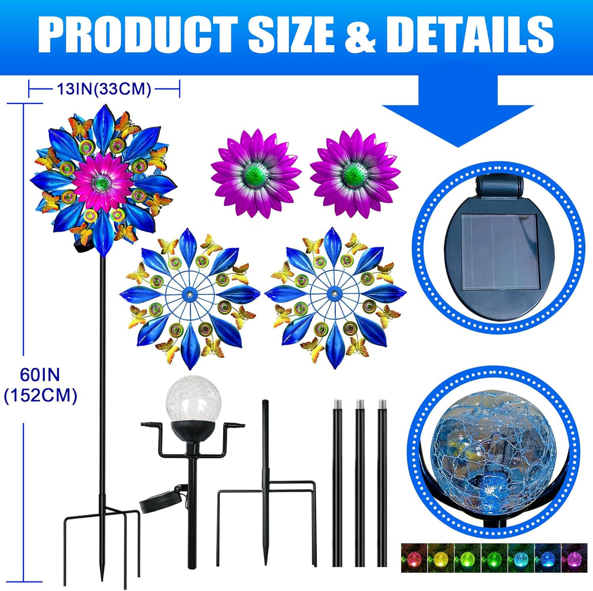 60 Inch Solar Wind Spinner Outdoor - Double-Sided Rotating Colorful Kinetic Wind Spinners for