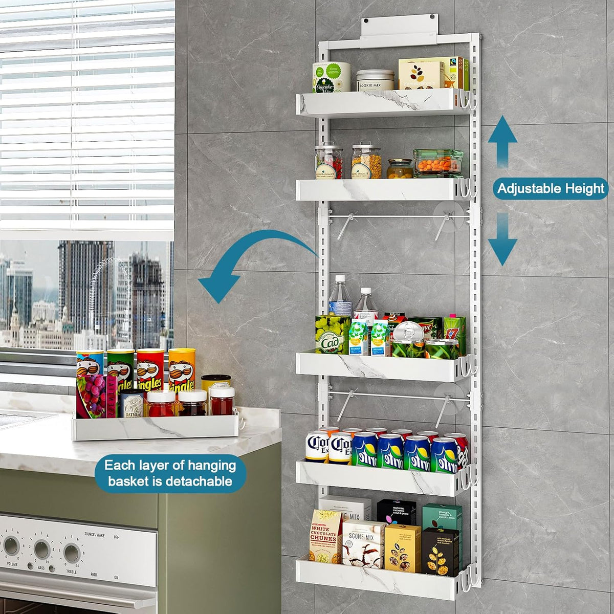 bukfen Over the Door Pantry Organizer, 6-Tier Adjustable Basket Kitchen Pantry Door Organization