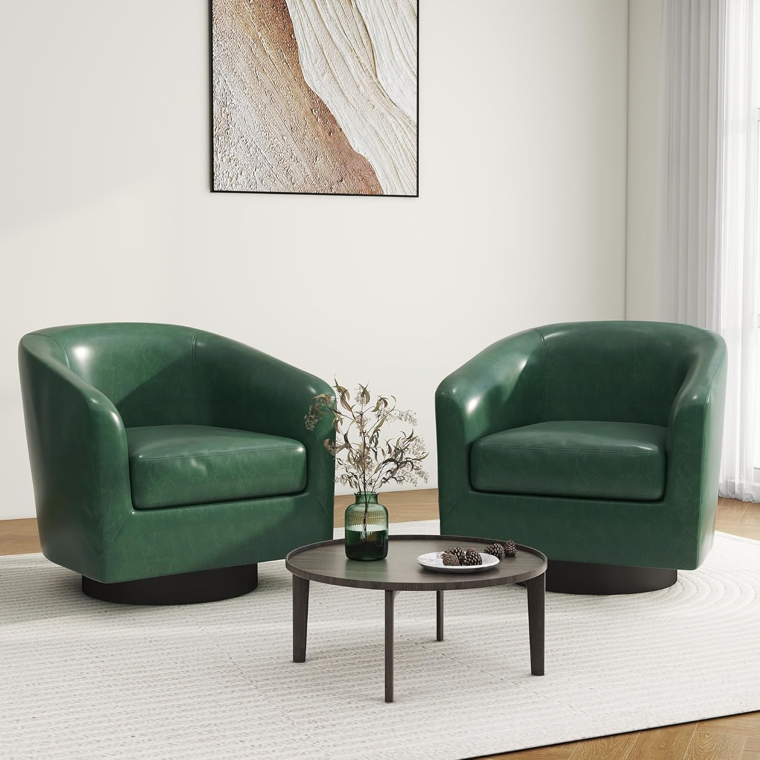 Swivel Barrel Accent Chair, Modern Round Faux Leather Arm Chair for Living Room, Bedroom, Comfy