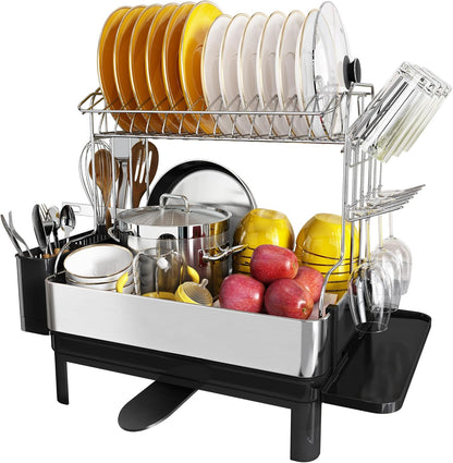 BOOSINY Dish Drying Rack with Drainboard, Stainless Steel Dish Rack, 2 Tier Extra Large Dish