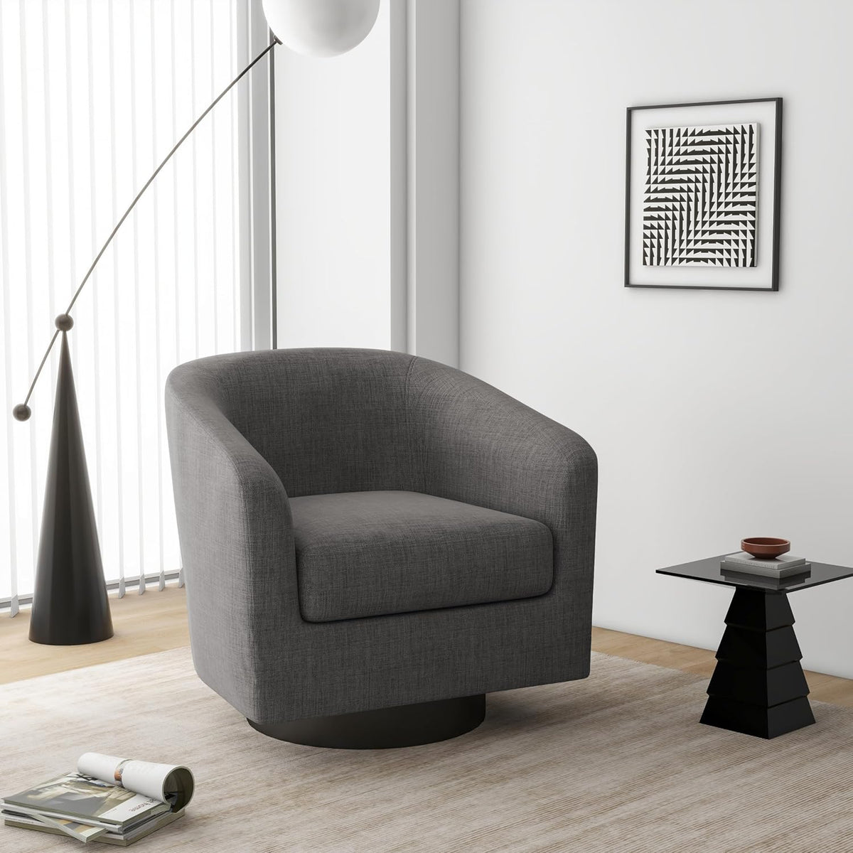 Swivel Barrel Accent Chair, Modern Round Linen Arm Chair for Living Room, Bedroom, Comfy Club