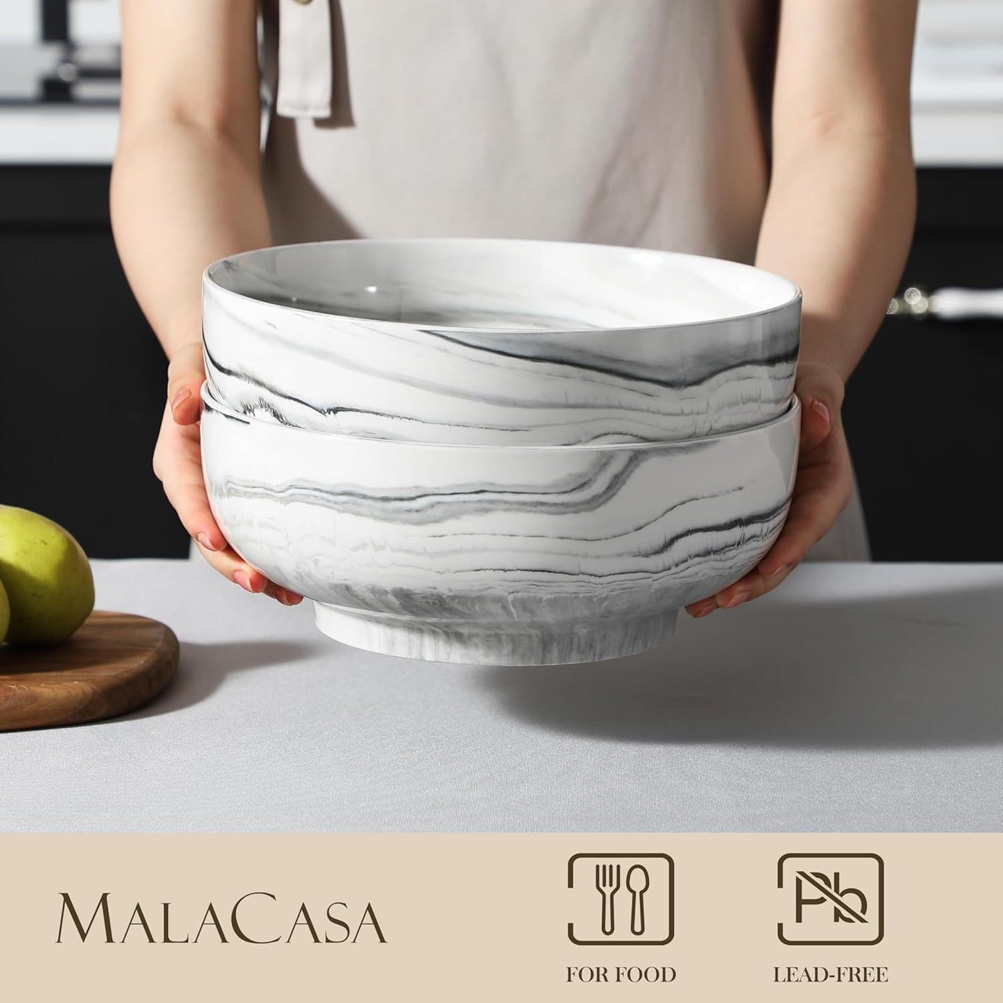 MALACASA Salad Bowls, 114 OZ(10") Extra Large Serving Bowls Set of 2, Porcelain Marble Grey Bowls