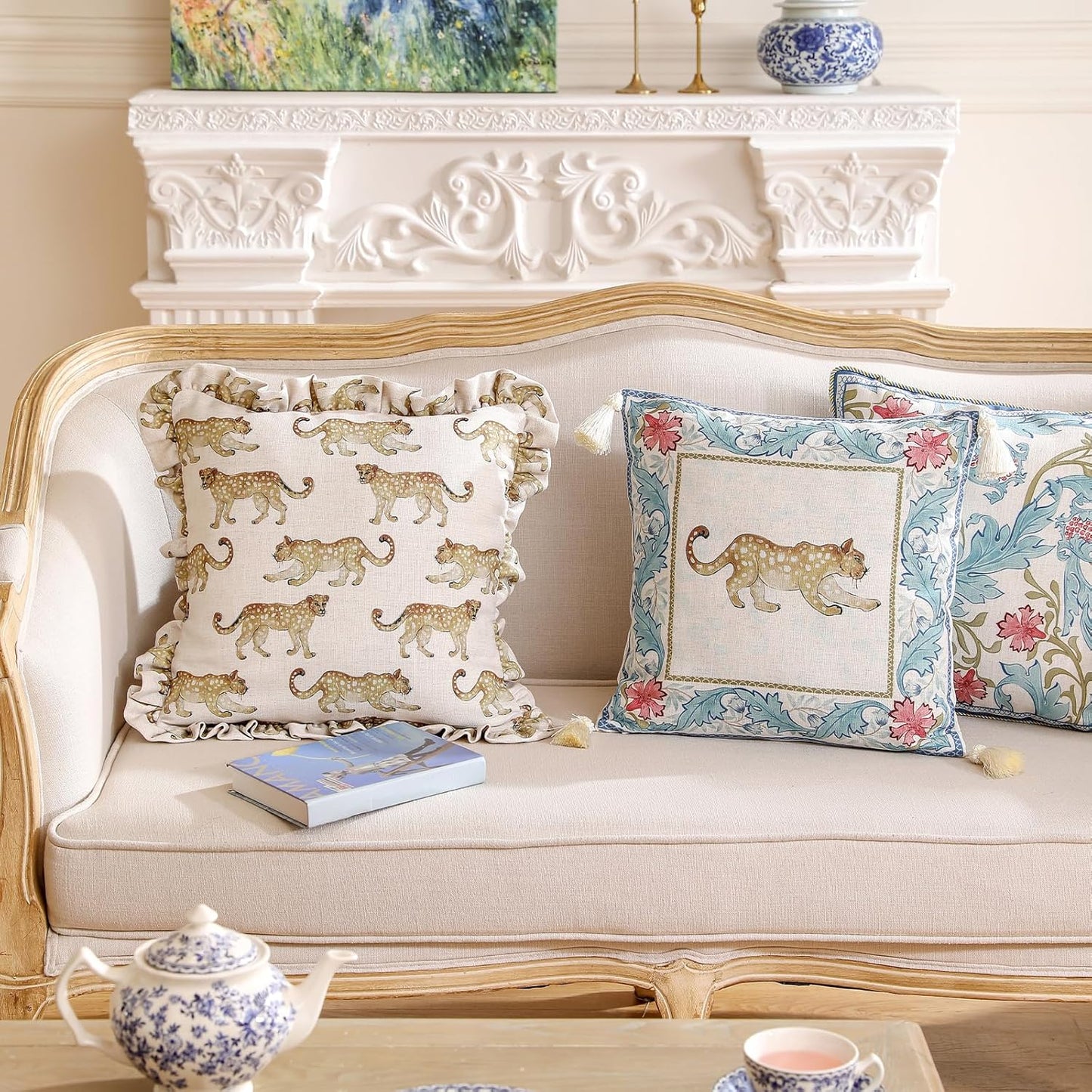patdrea Designer Throw Pillow Covers for Couch,Vintage French Linen Pillows Cover with Cheetah