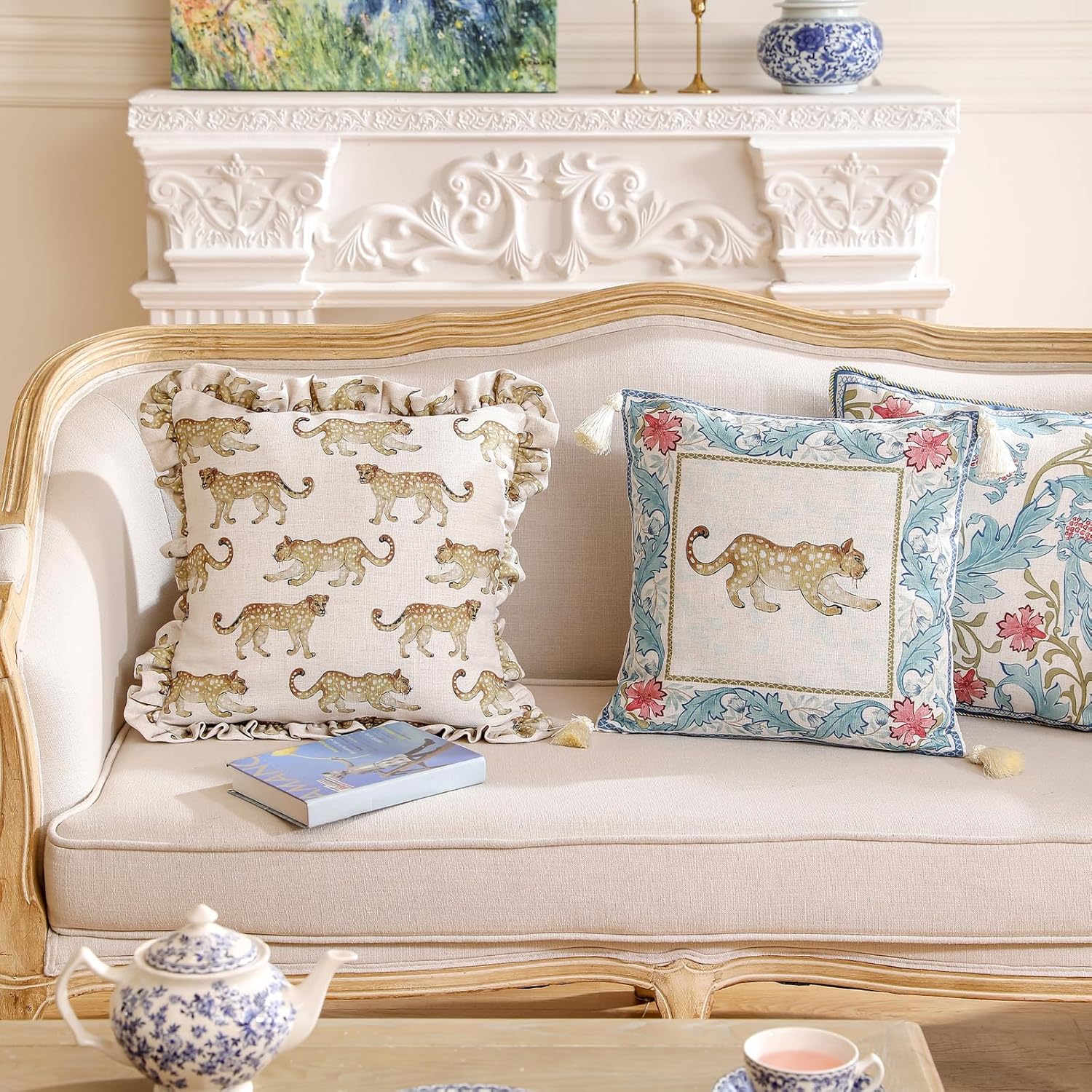 patdrea Designer Throw Pillow Covers for Couch,Vintage French Linen Pillows Cover with Cheetah