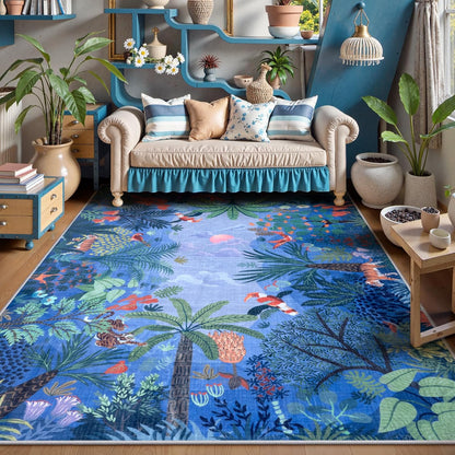 LIVEBOX Washable Jungle Animal Print 5x7 Blue Rug for Living Room, Non-Slip Kids Bedroom Rugs for