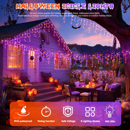JMEXSUSS 400 LED Orange and Purple Halloween Lights Outdoor, 38.8 FT Orange and Purple Icicle Light