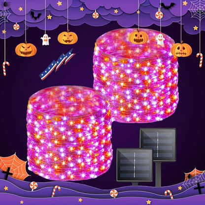 Purple and Orange Halloween Solar String Lights Outdoor, 2 Pack 80FT 200LED Solar Twinkle Lights