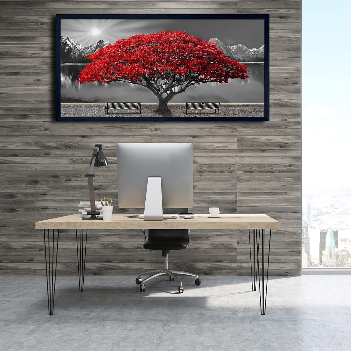 Black and White Red Tree Wall Art Canvas Print Picture Large Red Tree Landscape Modern Artwork for
