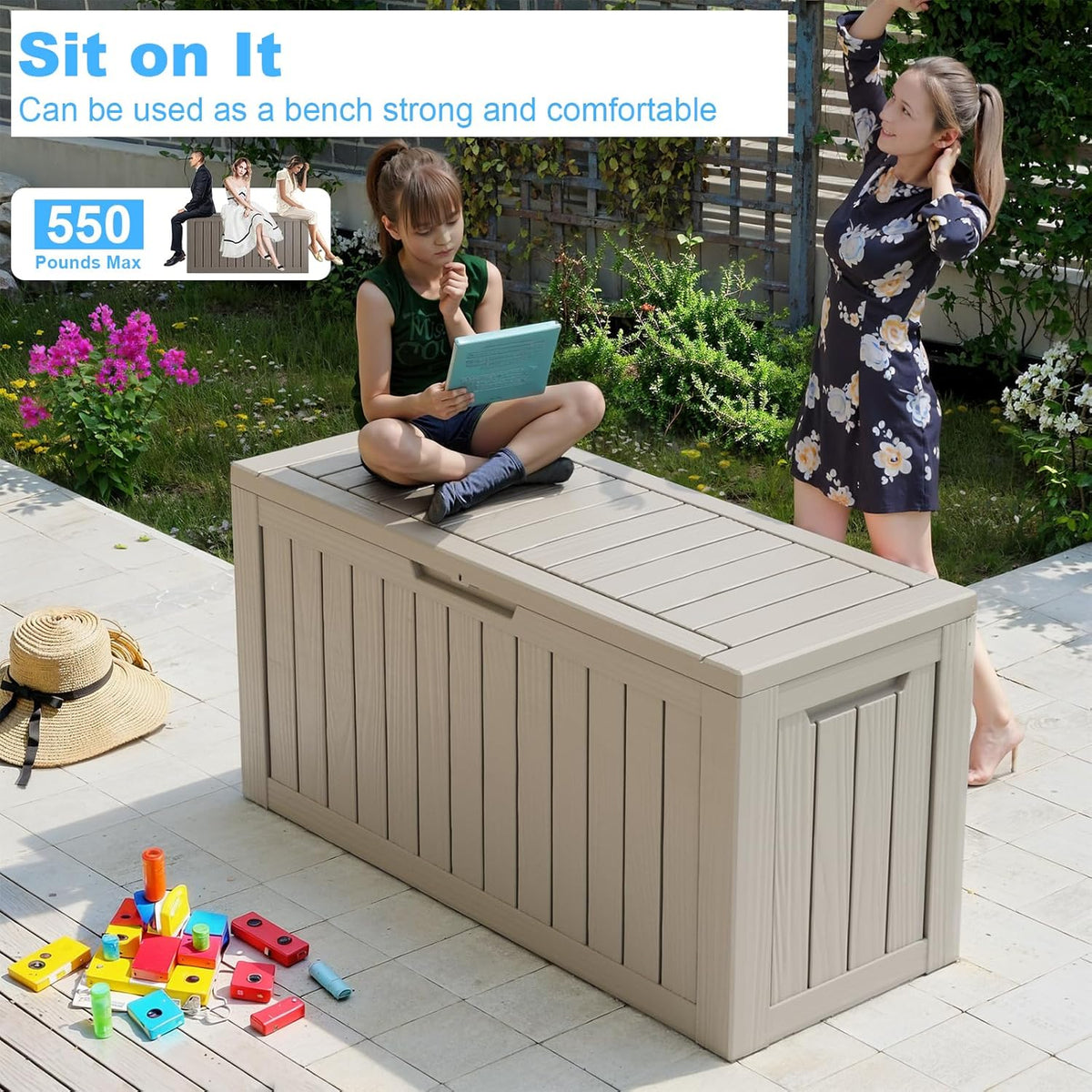 Vixzen 80 Gallon Resin Deck Box, Lockable Outdoor Storage Box for Patio Cushions Storage