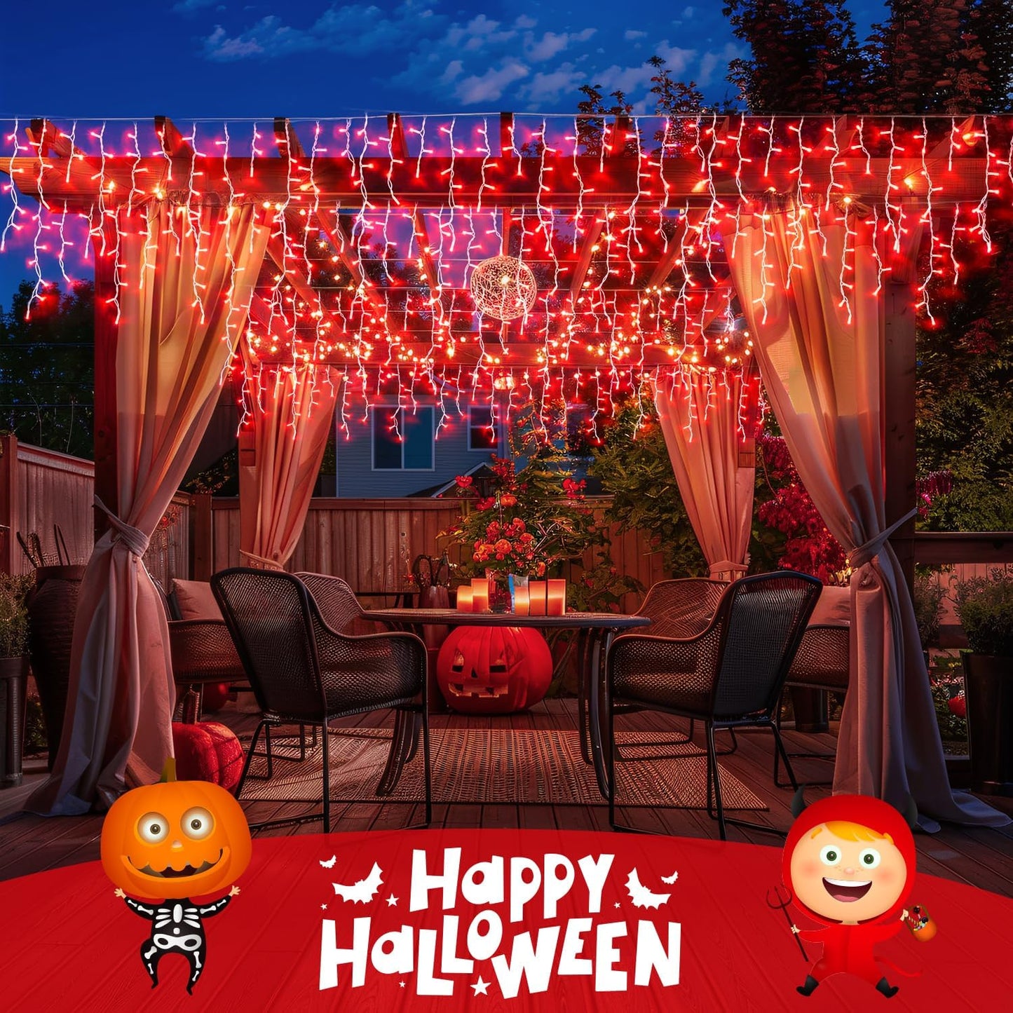 JMEXSUSS 400 LED Red Icicle Lights for Halloween Decor, Connectable Red Halloween Lights Indoor
