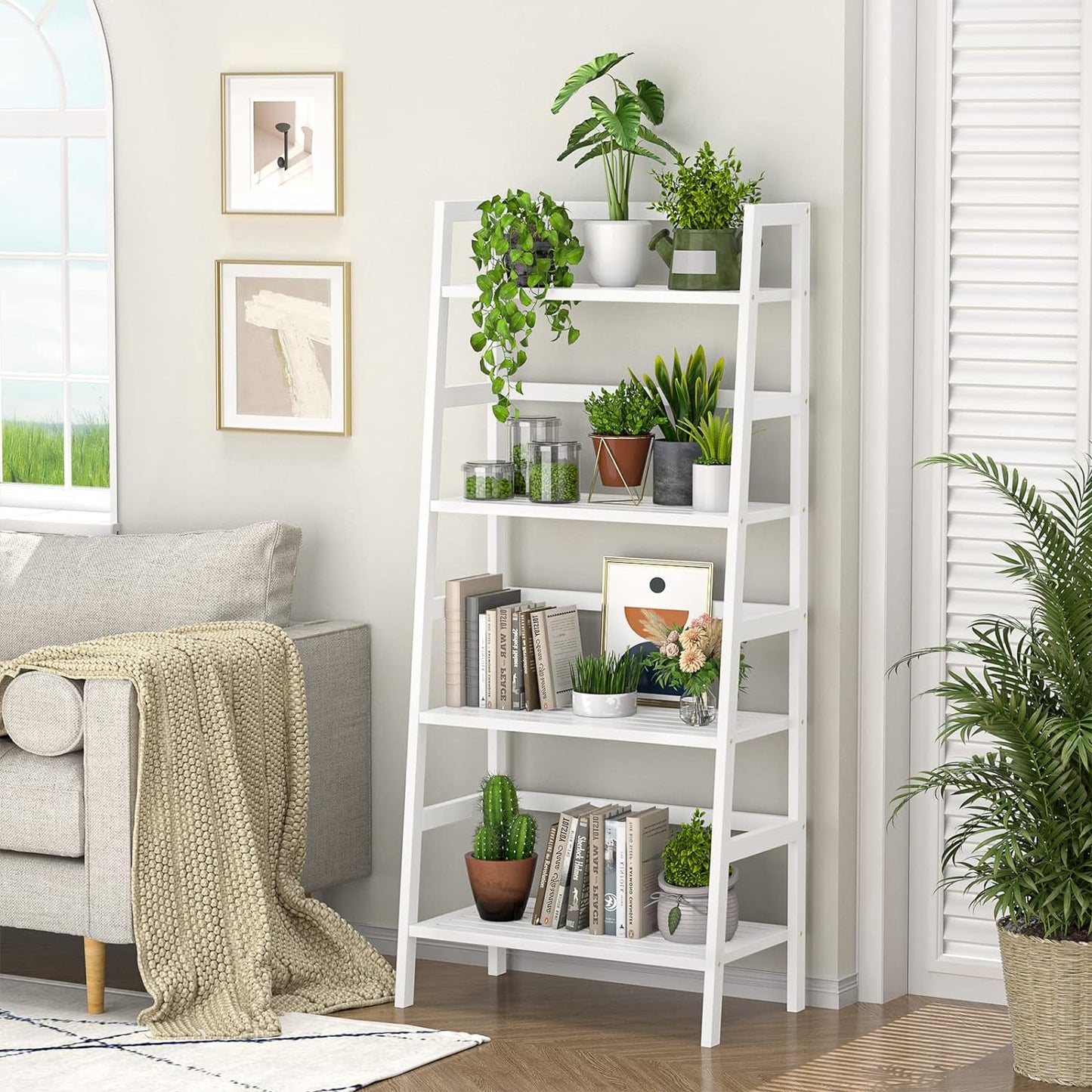 Homykic Bamboo White Bookshelf 4-Tier Ladder Shelf, 49.2” Freestanding Open Bookcase Book Shelf