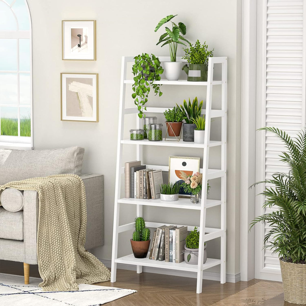 Homykic Bamboo White Bookshelf 4-Tier Ladder Shelf, 49.2” Freestanding Open Bookcase Book Shelf
