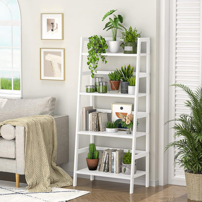 Homykic Bamboo White Bookshelf 4-Tier Ladder Shelf, 49.2” Freestanding Open Bookcase Book Shelf