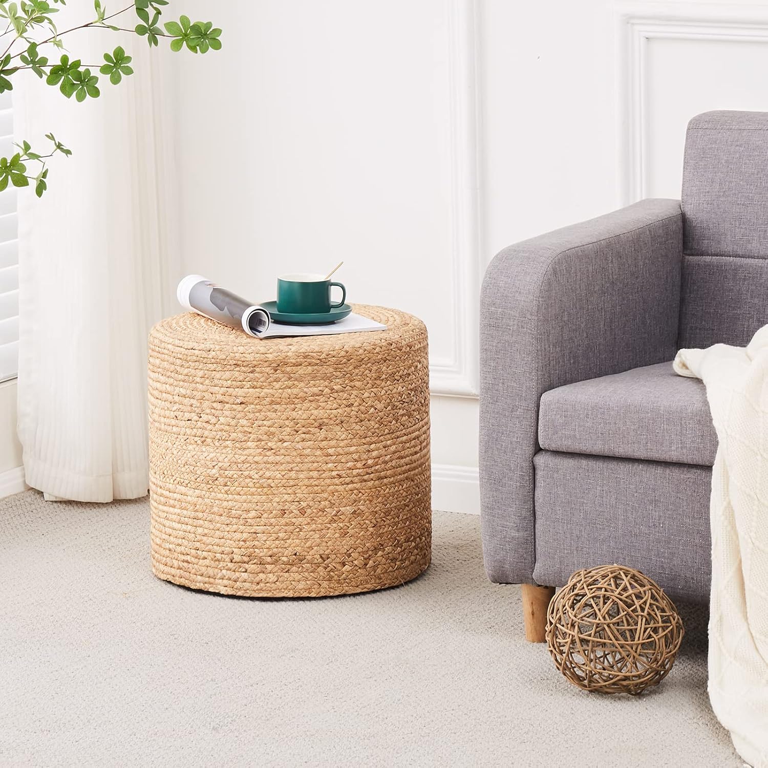 Wimarsbon 18'' Ottoman Pouf, Natural Braided Poof, Rustic Handweave Lounge Pouffe, Boho Footrest
