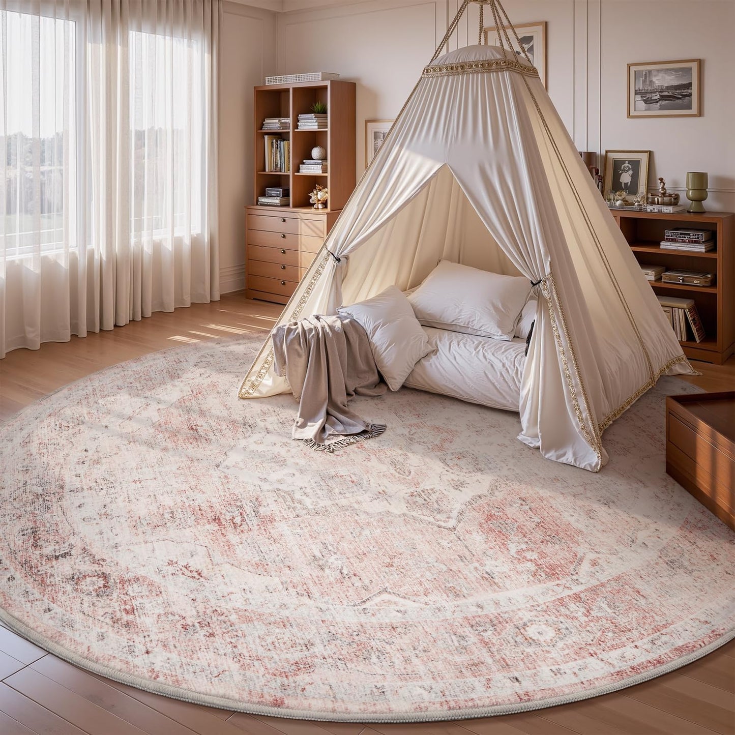 AMOAMI 6FT Round Vintage Soft Pink Rug - Non Slip Circle Machine Washable Rug for Living Room