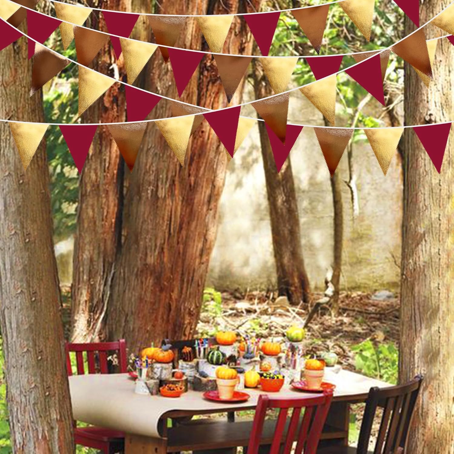 Fall Party Decorations Maroon Gold Brown Metallic Fabric Triangle Pennant Banner Burgundy Flag