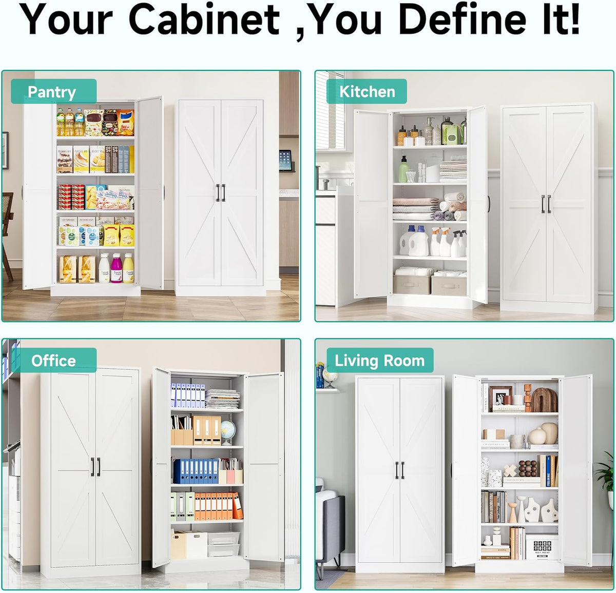SISESOL Metal Storage Cabinet with 2 Doors and 5 Shelves,61 inch White Pantry Storage Cabinet,Large