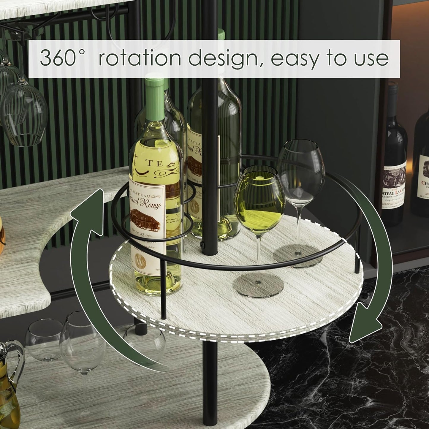 Light Gray Bar Carts with 4-Tier Storage Shelves, Mobile Bar Serving Cart with Wine Rack and Glass
