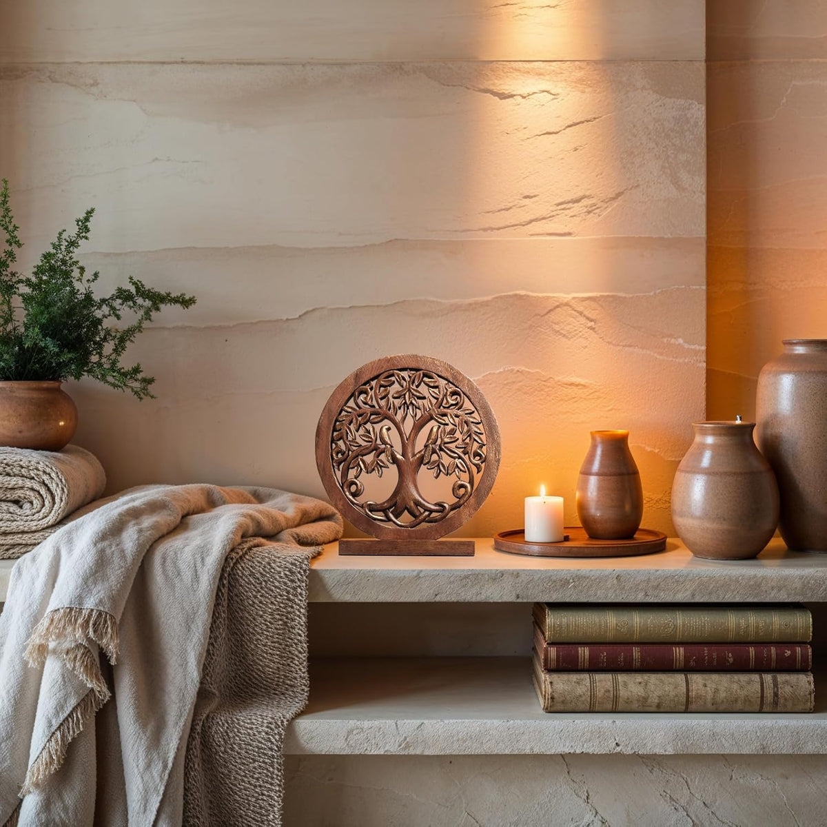 Decozen Solid Wood Tree of Life Sculpture - Home Decor, Living Room, Boho, Shelf, Coffee Table