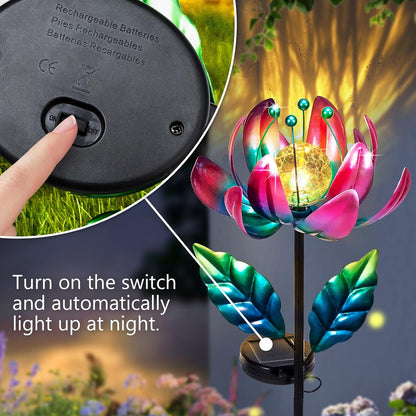 Solar Purple Metal Flower Wind Spinners, Colorful Spinning Windmill Lotus Yard Art Lights Wind