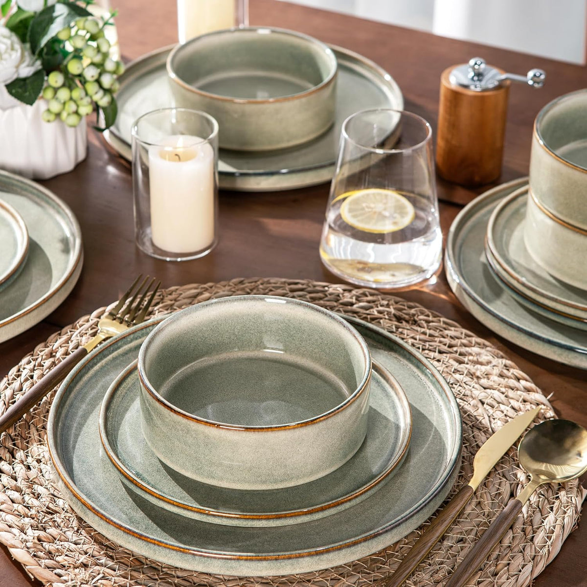 AmorArc Ceramic Dinnerware Sets, Handmade Reactive Glaze Stoneware Plates and Bowls Sets,Highly