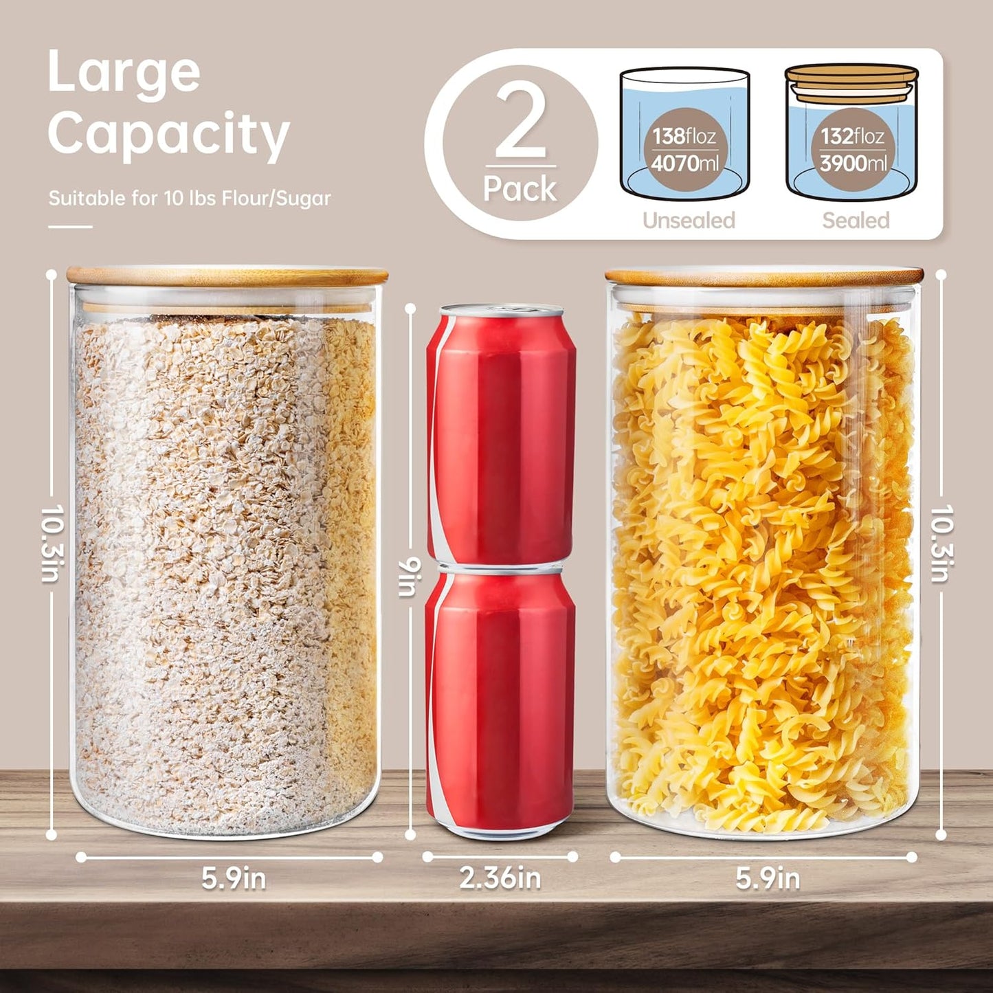 Extra Large Glass Flour and Sugar Storage Containers with Airtight Lids,132 floz x2 [Set of 2] Big