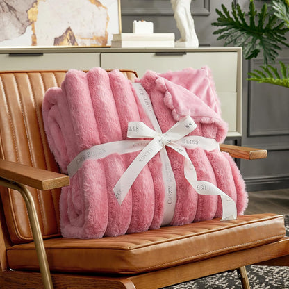 Cozy Bliss Faux Fur Throw Blanket for Couch, Cozy Warm Plush Striped Blanket for Sofa Bedroom