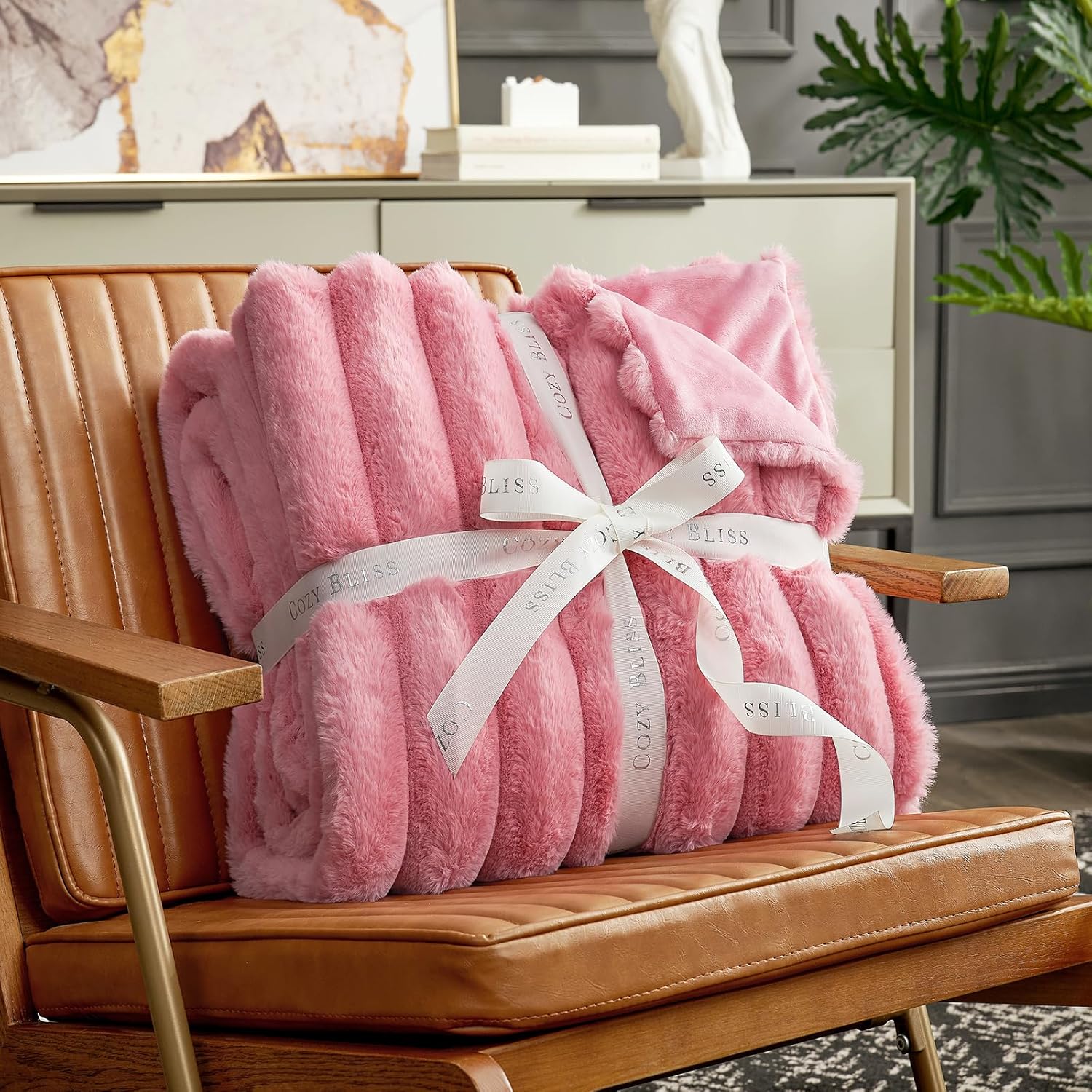 Cozy Bliss Faux Fur Throw Blanket for Couch, Cozy Warm Plush Striped Blanket for Sofa Bedroom