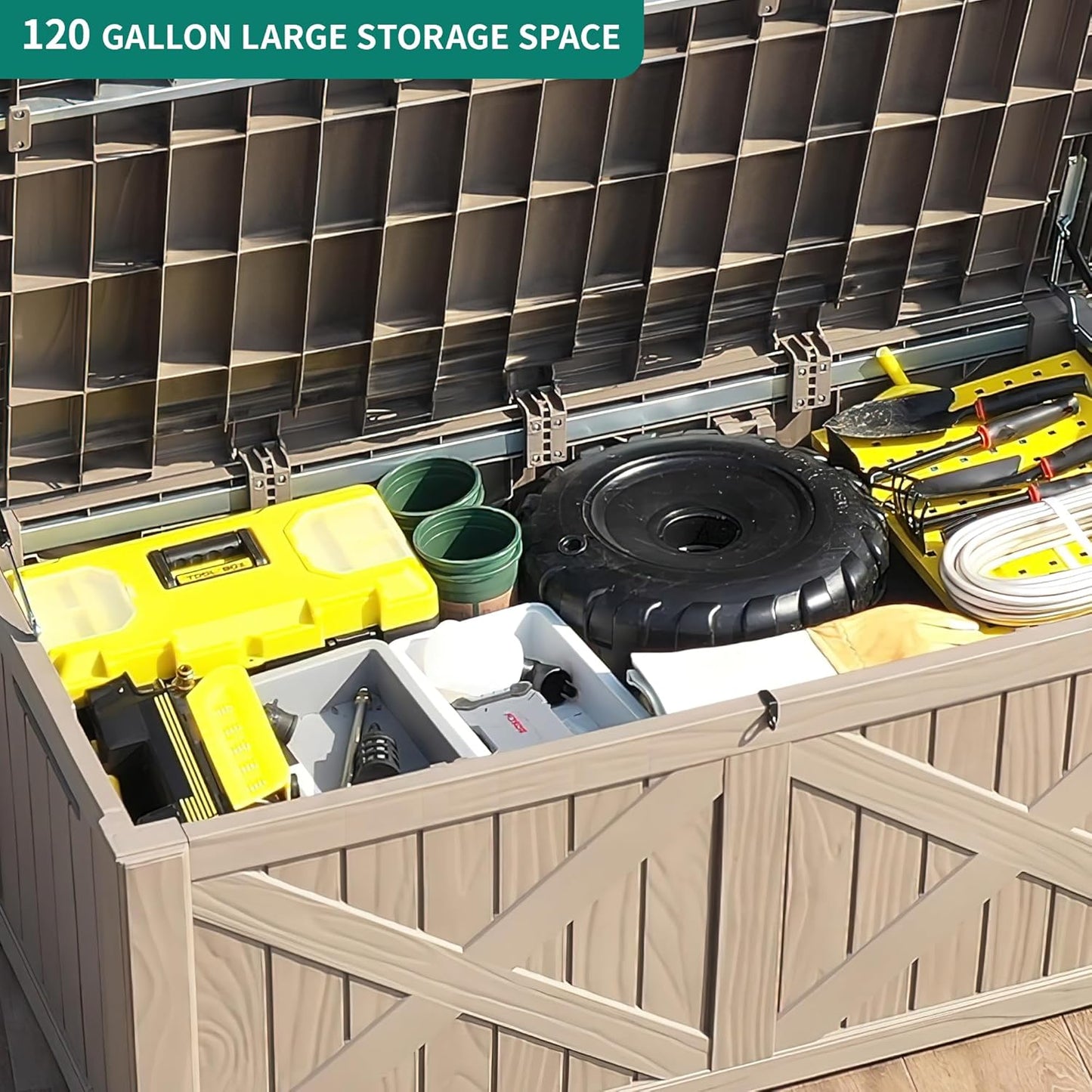 YITAHOME 120 Gallon Large Deck Box, Upgraded Resin Outdoor Storage Boxes w/Flexible Divider