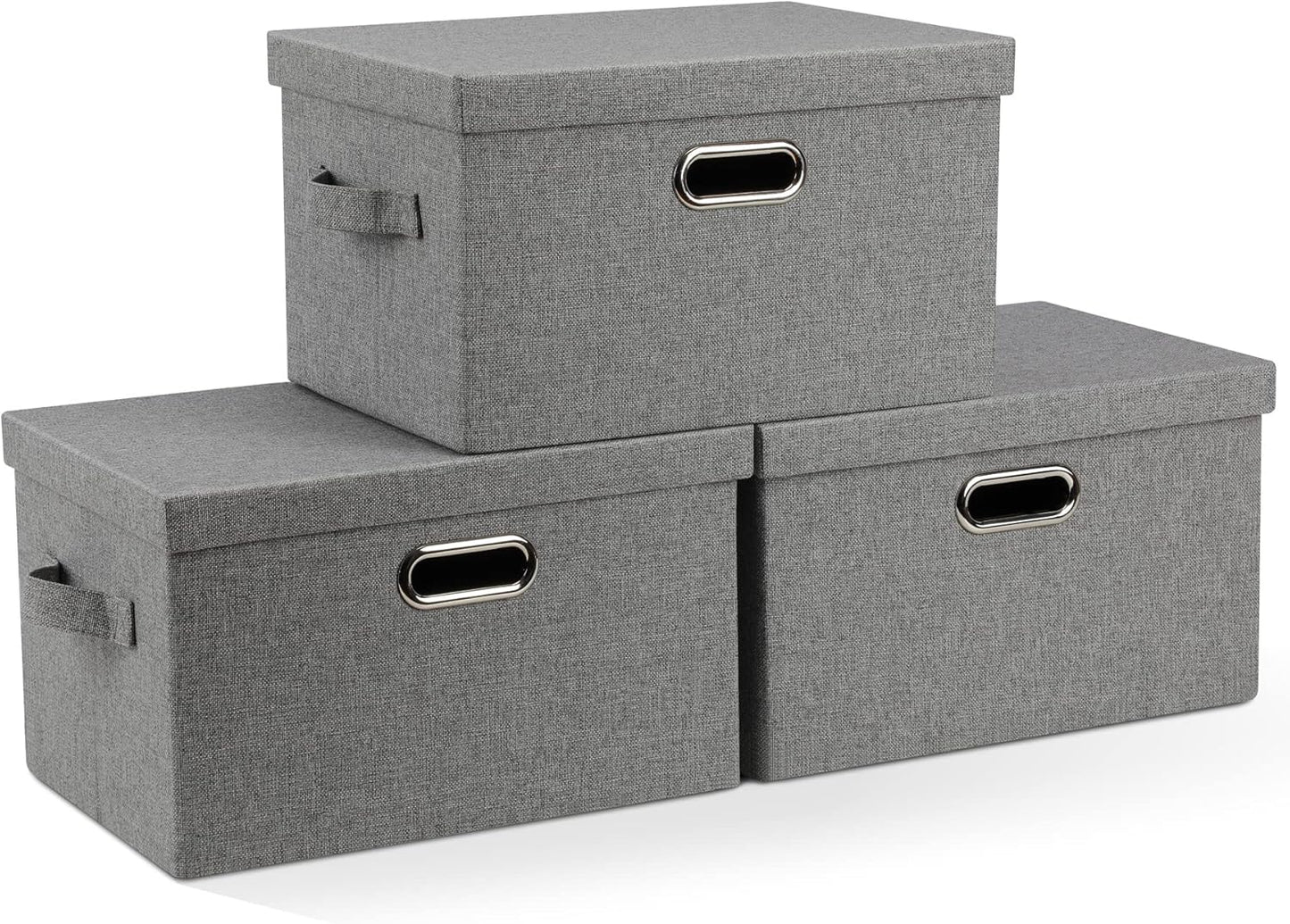 Medium 15" 21 Quart Collapsible Stackable Storage Bins with Lids, 3 Packs Grey Foldable Fabric