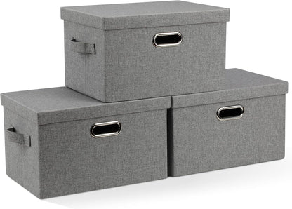 Medium 15" 21 Quart Collapsible Stackable Storage Bins with Lids, 3 Packs Grey Foldable Fabric