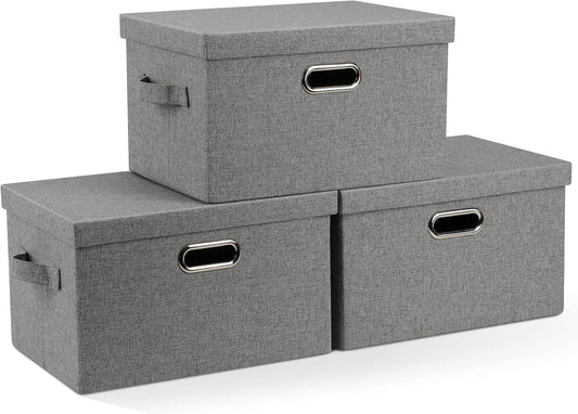 Medium 15" 21 Quart Collapsible Stackable Storage Bins with Lids, 3 Packs Grey Foldable Fabric